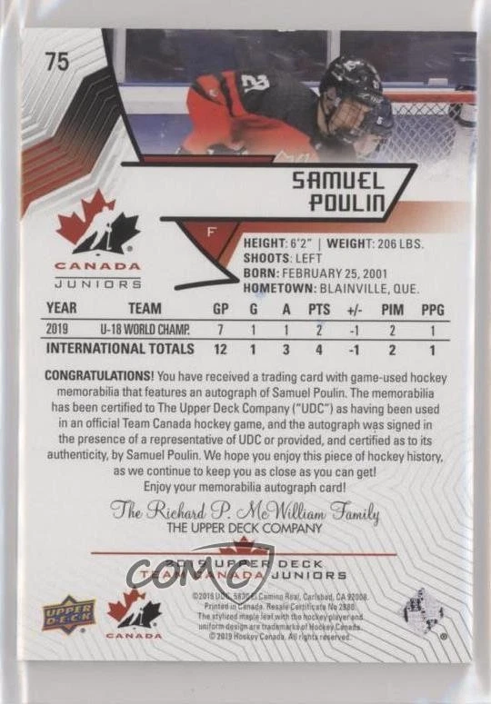 2019 Upper Deck Team Canada Juniors Premium Swatch /199 Samuel Poulin #75 Auto - Image 2 of 2