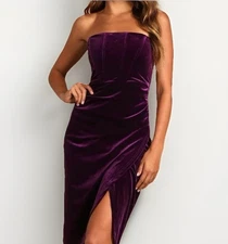 Lulus Glamorous Celebrations Dark Purple Velvet Strapless Tulip Dress Large