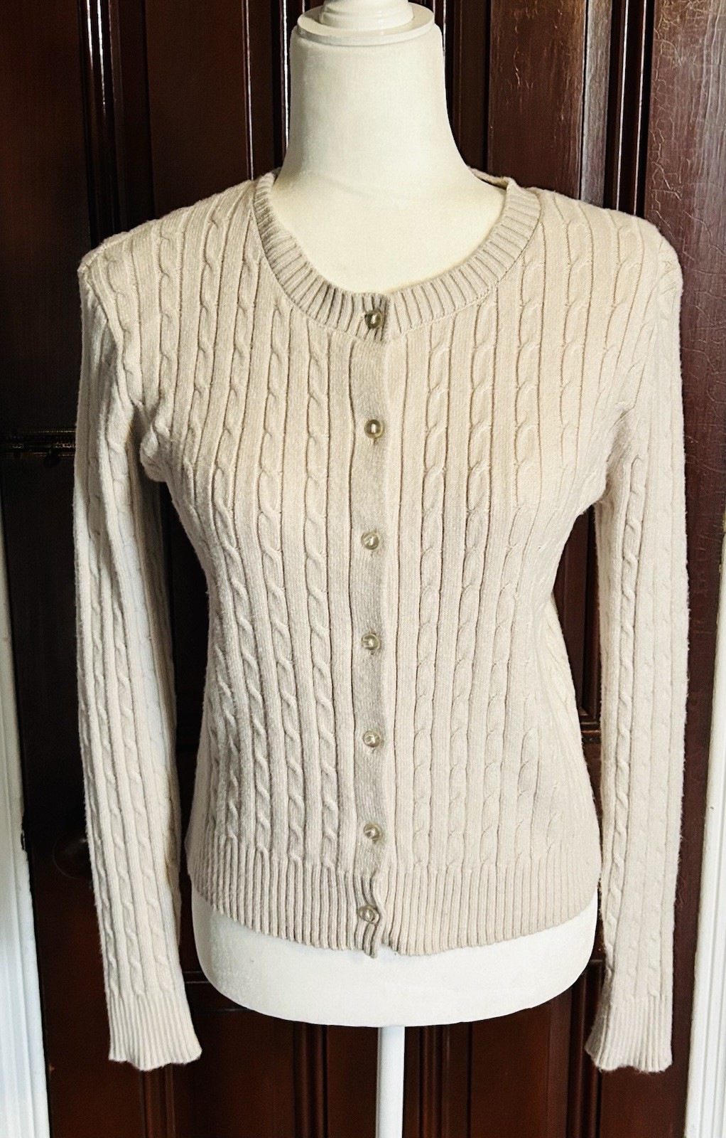 Cardigan Sweater Tan Stone SMALL Pink Republic Cable Knit Soft-image