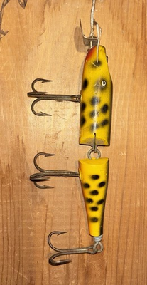 #ad CCBC Jointed Creek Chub Husky 3000 7” Yellow W Black Dots Vintage Antique Lure $75.00