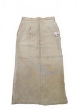 Vintage Beige Suede Skirt with Decorative Stitching and Flower Accents