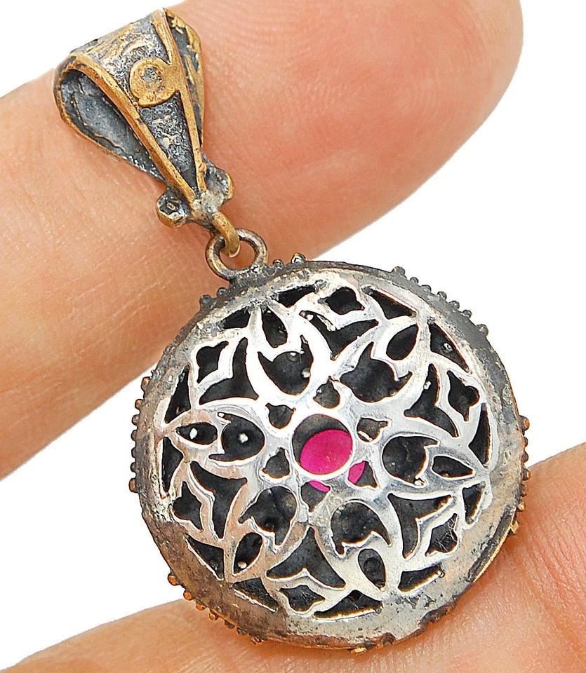 Ottoman Empire Style 2CT Treated Ruby & Topaz 925 Sterling Silver Pendant - Image 2 of 2