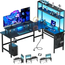 L Shaped Gaming Desk with LED & Power Outlets, Computer Desk with Monitor Stand