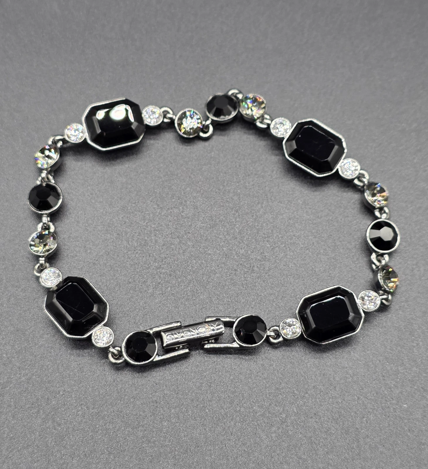 Givenchy Bracciale Bigiotteria Costume Tono Metallo Nero Cristallo Trasparente 7"