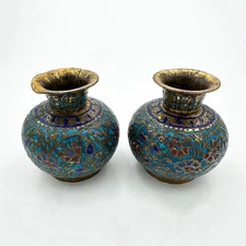 PAIR ANTIQUE KASHMIRI INDIAN SMALL VASES ENAMEL GILT METAL