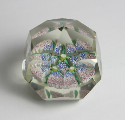 Cut Glass Concentric Facets Millefiori Ribbon Star Urchin Art Glass Paperweight