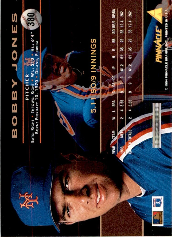1994 PINNACLE BOBBY JONES NEW YORK METS #380 - Image 2 of 2