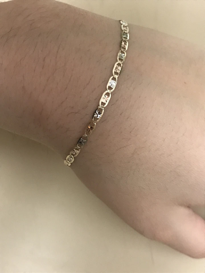 14K Tri-Color Yellow Rose White Gold 2.6mm Valentino With Star Chain Bracelet 7" - Image 4 of 4