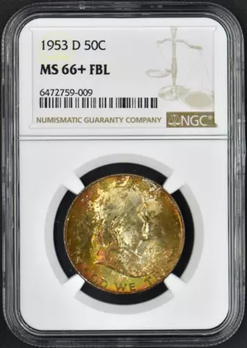 1953-D 50C Franklin Half Dollar NGC MS 66+ FBL - AMAZING TONING - ✪COINGIANTS✪