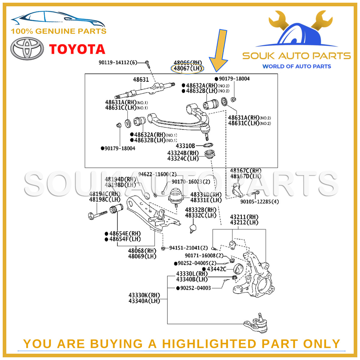 48067-29225 Genuine Toyota ARM SUB-ASSY, FRONT SUSPENSION, UPPER  