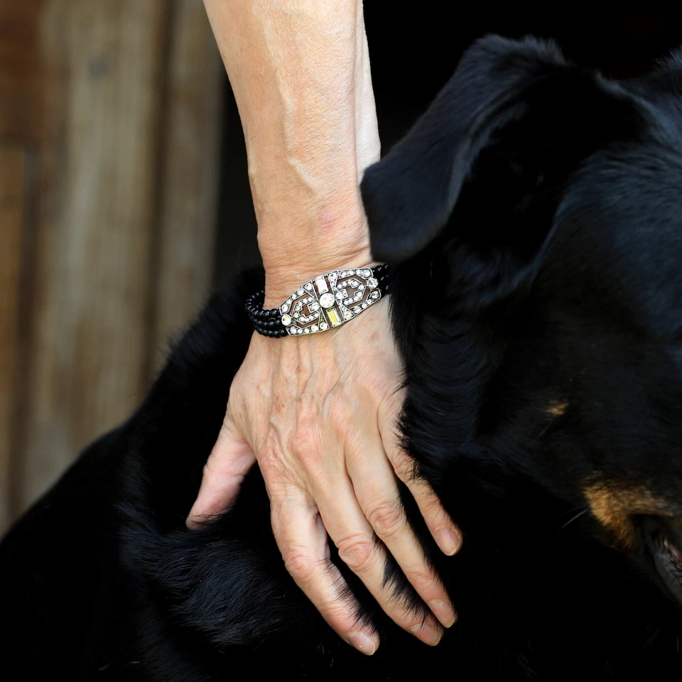 Armband Silber Kunst Deko Strass Rechteck Viele Reihen Perle Achat Schwarz QD30 - Bild 2 von 4