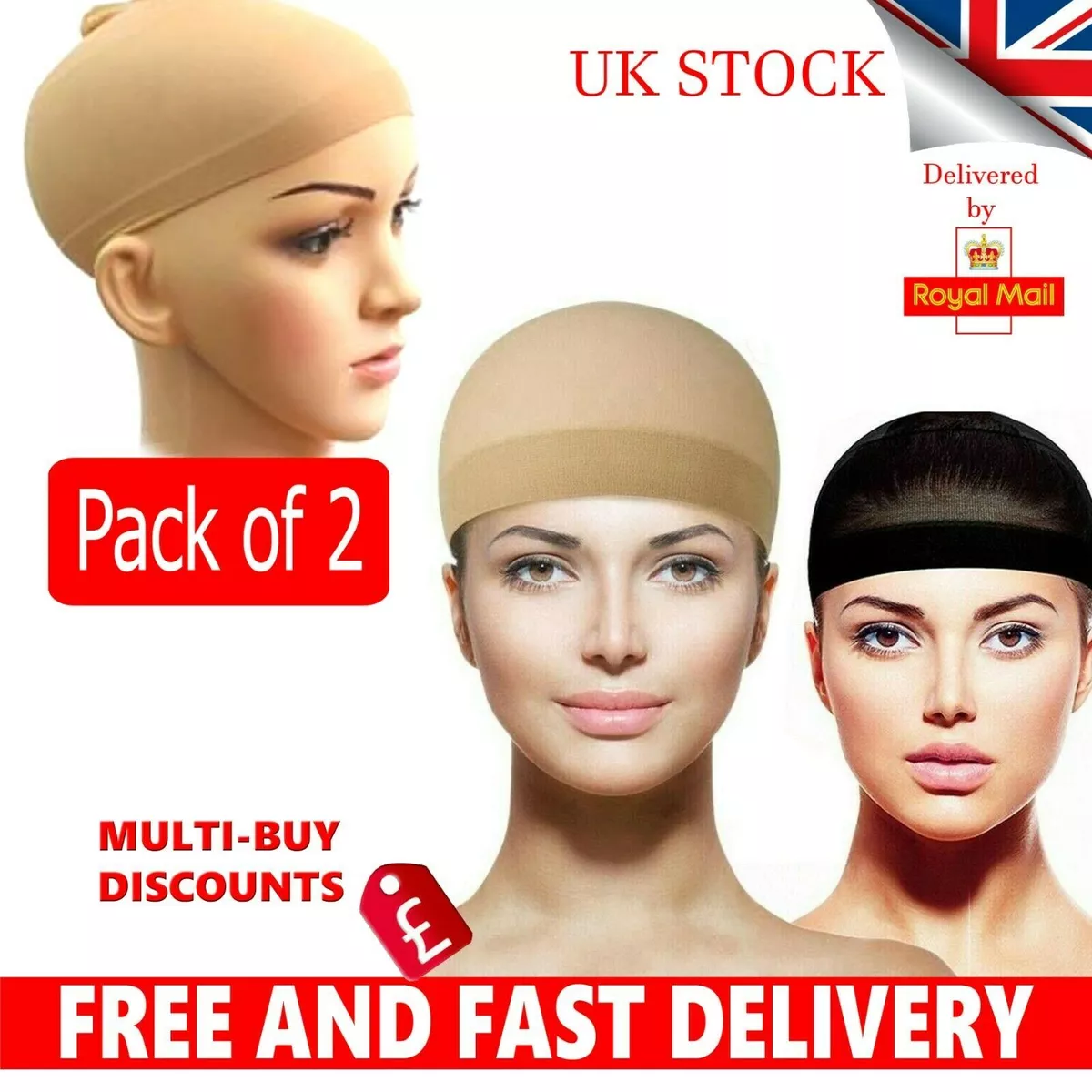 1 2 x Wig Cap Breathable Stretchable Stretch Stocking caps Nude Beige Black UK