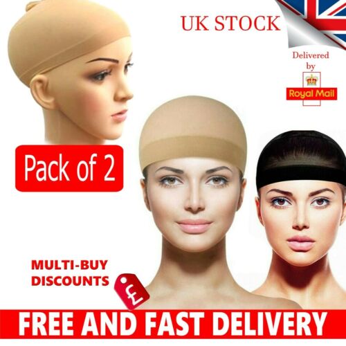 1 / 2 x Wig Cap Breathable Stretchable Stretch Stocking caps Nude Beige Black UK - Afbeelding 1 van 25