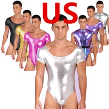 Mens Bodysuits Halloween Astronaut Cosplay Leather Leotard High Cut Jumpsuit