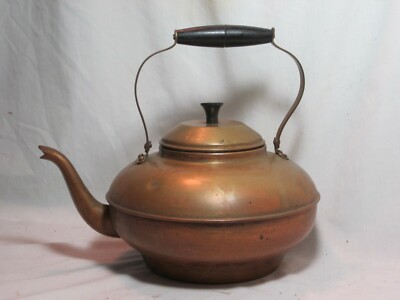 vintage tea kettle copper pot natural patina long spout plastic handle 