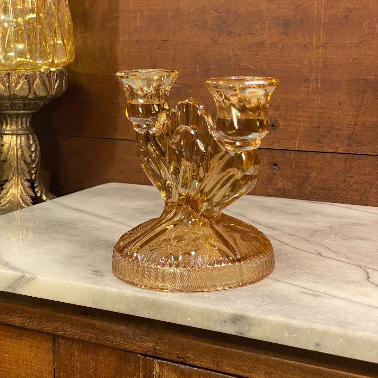 Jeannette Marigold Peach Carnival Glass Iris & Herringbone Double Candle Holder