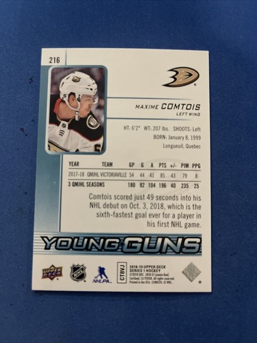2018-19 Upper Deck Young Guns 216 Maxime Comtois Anaheim Ducks - Picture 2 of 2