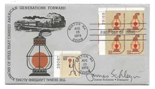 US 1979 FIVE DOLLAR SIGNAL LANTERN PLATE # BLOCK FDC SIGNED BY THE DESIGNER