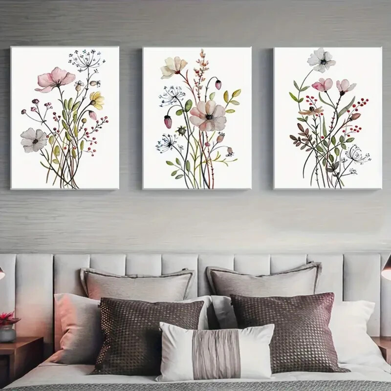 3pcs Watercolor Wildflower Vintage Wall Canvas Unframed