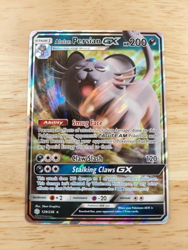 Alolan Persian GX 129/236 Cosmic Eclipse NM Ultra Rare Art Pokemon Card