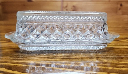 Vintage Anchor Hocking Wexford Quarter Pound Clear Cut Glass Covered Butter Dish