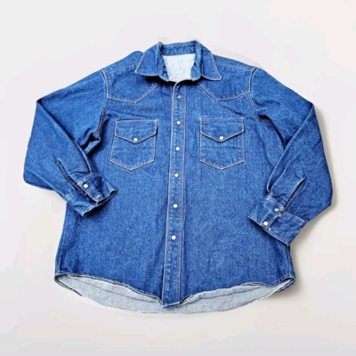 Vintage Heavy Denim Shirt Snap 2XL 90s Western Contrast Stitch Mens Blue Jean