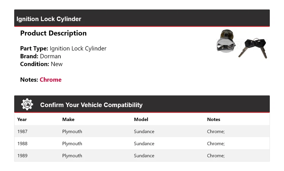 For 1987-1989 Plymouth Sundance Dorman Ignition Lock Cylinder 1988 - Image 2 of 4