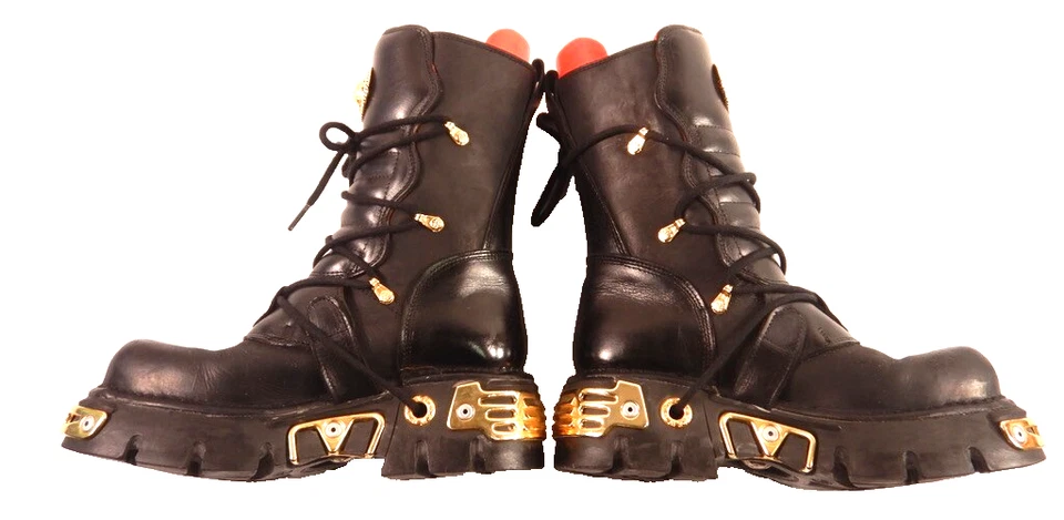 New Rock Reactor Platform Black Leather Goldtone Hardware Combat Boots Size 40 - Image 3 of 4