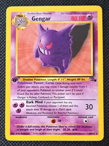 First 1st Edition Gengar 20/62 Pokemon Card TCG Fossil Non Holo   NICE CARD!!