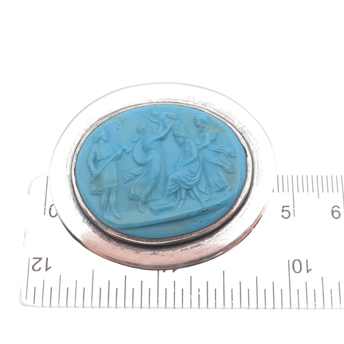Native Crafts Sterling Silver Antique Art Deco Ceramic Greek Scene Pin Brooch View 3