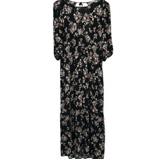 Boho Floral Maxi Dress L Black Smocked Waist Puff Sleeve Cottagecore Romantic