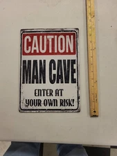 Metal Sign Caution Man Cave Enter At Your Own Risk Decor Wall Art Plaque
