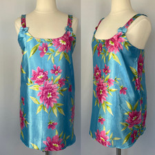 Short Slip Dress Size XL Blue Pink Floral Silky Satin Lingerie Sleep Feminine