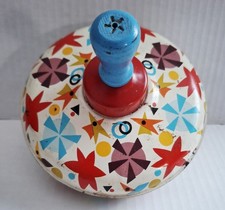 Ohio Art Vintage 1950 s Spinning Top Tin-Litho with Colorful Designs Wood Handle