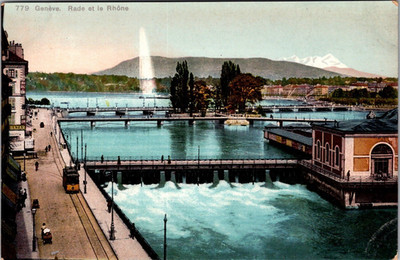 Geneva Rhône Bridge Tram Mont Blanc Antique Swiss Scenic Postcard [AA]