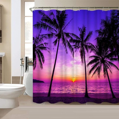 Sunset Beach Shower Curtain Tropical Palm Tree Landscape Waterproof Fabric Cu...