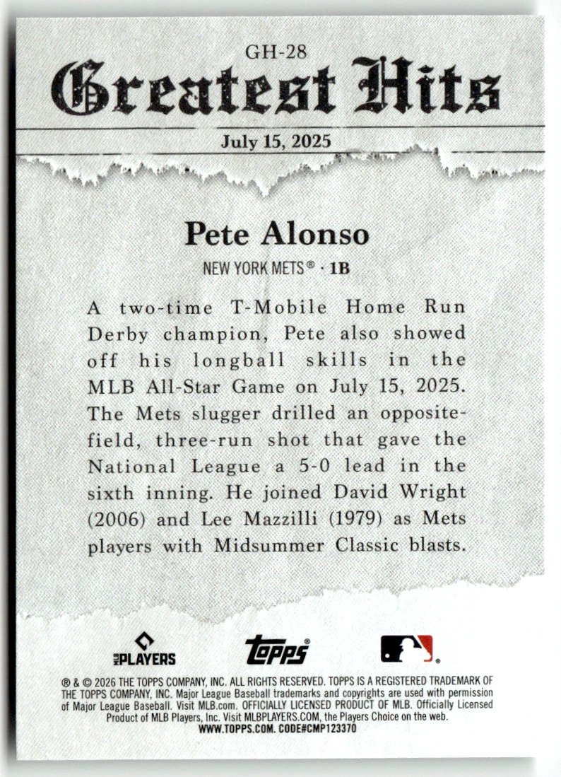 Topps MLB Series One No. 2026 Grandes éxitos GH-28 Pete Alonso