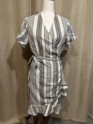 Vera Moda %100 Cotton Striped Short Sleeve Wrap Dress with Belt and Ruffle Hem