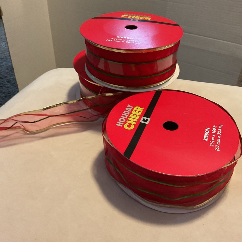 Lot of 3 Holiday Cheer Wired Ribbon 2 1/2” W X 100’ L Christmas Red,gold,green Z