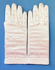 Vtg Womens White Satin Faux Pearl Beaded Gloves Old Hollywood Bridal Wedding NOS