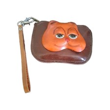 Genuine Leather Orange Green Eyed Cat Coin Purse KeyChain Zip Close Wrist strap