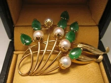 Estate Art deco 14kt Jadeite jade, pearl Pin Brooch & Pendant Famous Maker TYL