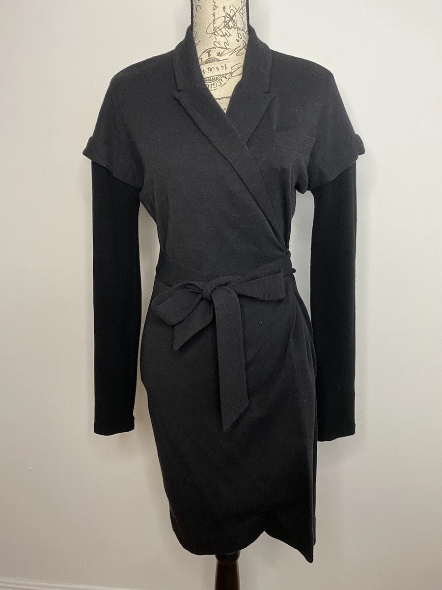 Diane Von Furstenberg DVF Black Charcoal Banker Sweater Wool Wrap Dress Size 6