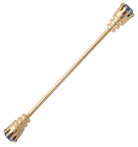 Mens Collar Bar Pin Gold Tone Blue Large Rhinestone 2 5/8" - Picture 3 of 3