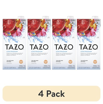 (4 pack) TAZO Iced Passion, Herbal Tea Concentrate, 32 oz Carton