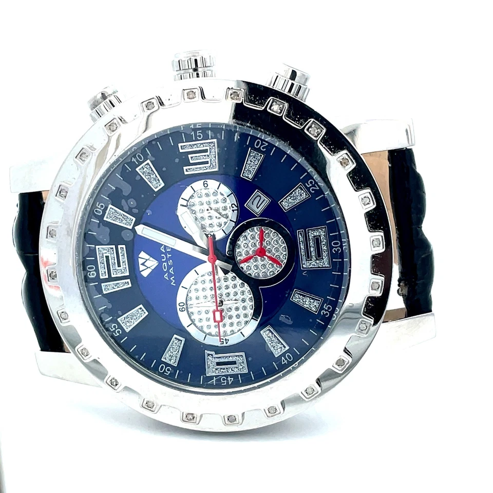 Aqua Master мужской Chrono Серебряный чехол черный кожаный ремешок 0,24 карат бриллиант - Изображение 2 из 4