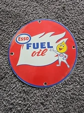 1950'S VINTAGE ESSO FUEL OIL PORCELAIN ENAMEL GAS STATION PUMP METAL SIGN 12"...