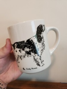 Vintage Cindy Farmer 1985 Spaniel Coffee Mug white mug with black accent