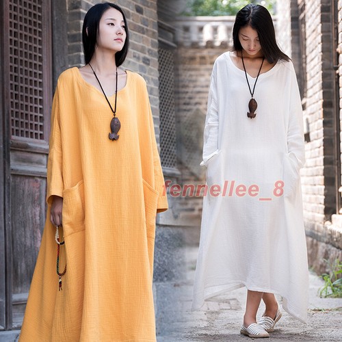 Womens Cotton Linen Retro Kaftan Dress 