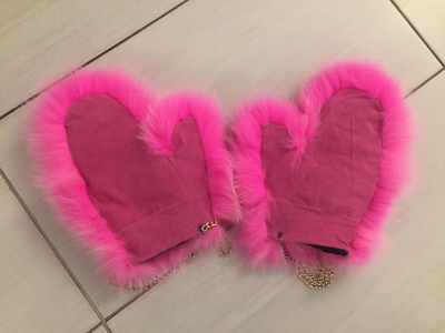 New Real Pink Fox Fur Gloves Mittens Soft and Furry Hanging String